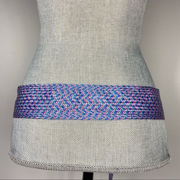 Vintage Accessories - Long bright pink teal blue 80s 90s braided belt.